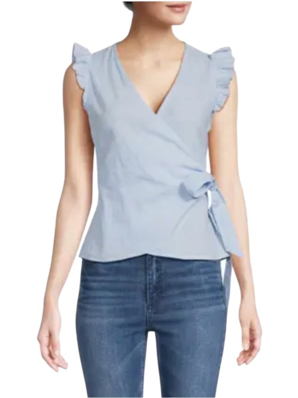 Saks Fifth Avenue Light Blue Ruffle Sleeve Linen Wrap Blouse Womens Size Small